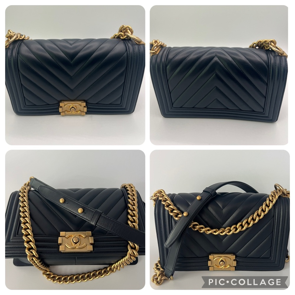 Authentic Chanel Medium Flap Lambskin Le Boy Chevron Navy & Brushed Gold - Picture 7 of 16